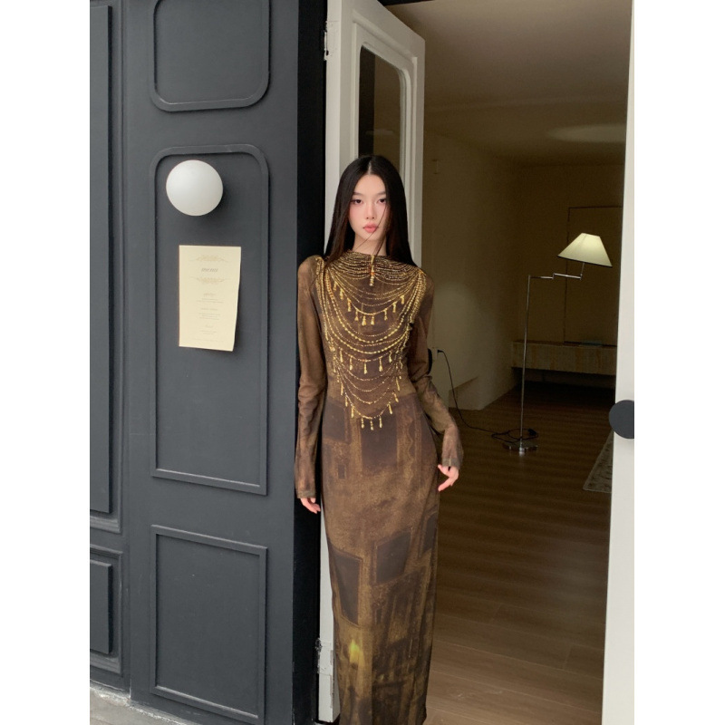 Chinese-Style Golden Brown Necklace Printed Dress, Retro Street Slim Fit Elastic Waist High-End Small High-Neck Long Dress