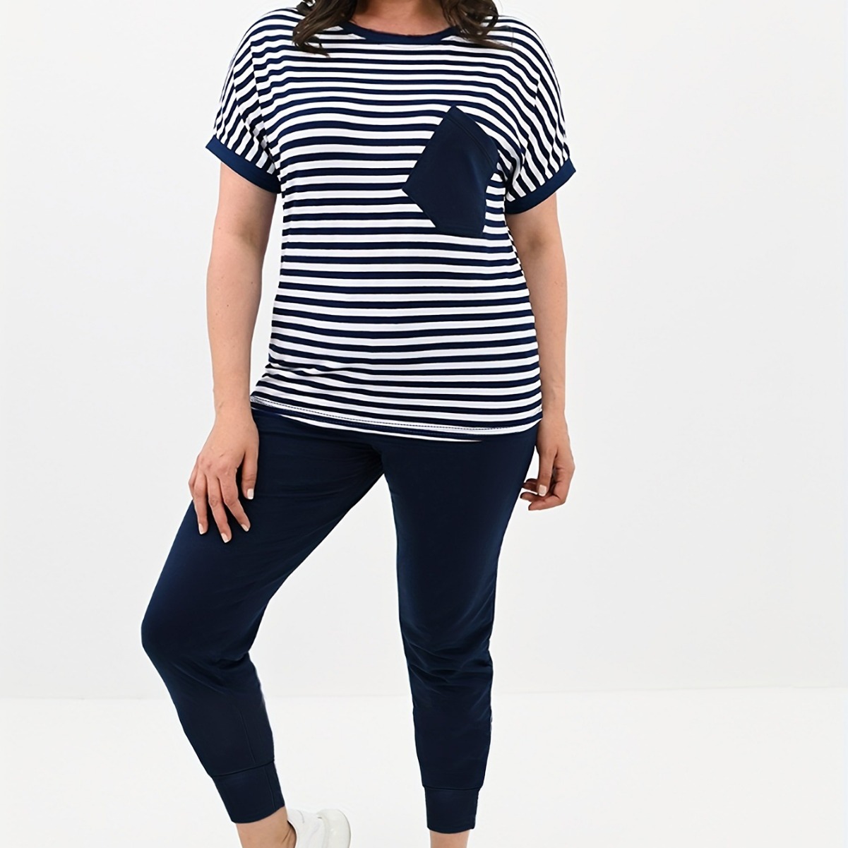 Women's Striped Casual Top Two Piece Set with Solid Color Pocket Slim Fit Trousers Short Sleeved Top Elastic Waist_voghion.com