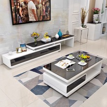 现代简约小户型客厅家用茶几电视柜套装钢化玻璃伸缩地柜茶桌组合