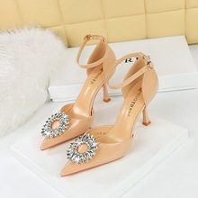 8323-K29 European and American style high heels, shallow mouthed pointed hollow sunflower water diamond buckle, straight line with sandals, women's high heels