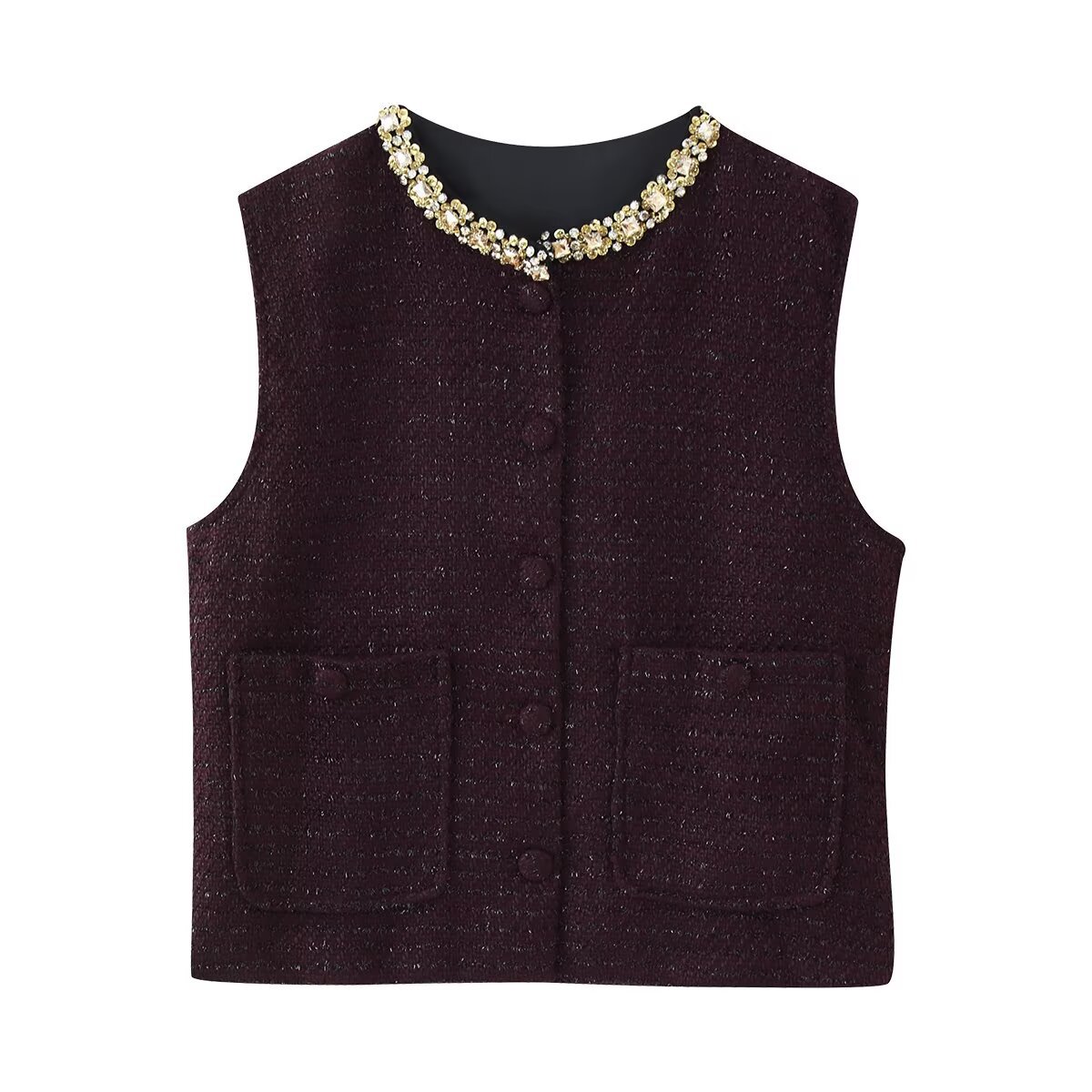 TAOP & ZA mujer verano 2026 nueva moda versátil pequeña fragancia con diamantes chaqueta de cuello redondo