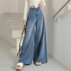 女性用ハイウエストブルーワイドレッグパンツ、ハイウエストルーズデニムパンツ、人気のストレートレッグ、大きな裾のデザインでスリムに見えます。