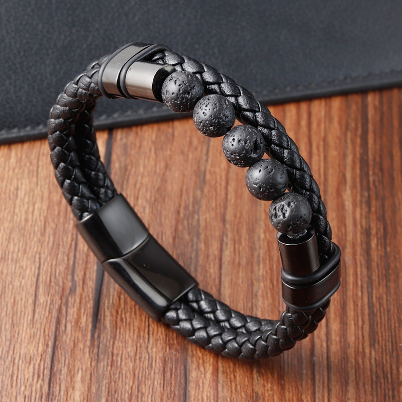 Pu Leather, Volcanic rock, Titanium Steel Material Retro Classic Style Pu Leather Volcanic Rock Titanium Steel Geometric Woven Chain Men Cord & Leather Bracelets