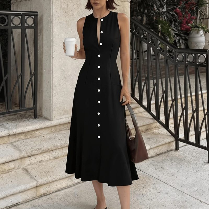 Special Offer Ska184D European and American Cross-Border Women's Clothing 2026 Summer New Sleeveless Buttoned Waist-Cinching Slimming A-Line Dress Special Offer Ska184D European and American Cross-Border Women's Clothing 2026 Summer New Sleeveless Buttoned Waist-Cinching Slimming A-Line Dress
