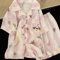 网红韩版甜美条纹睡衣女夏季短袖短裤开衫套装美少女可外穿家居服