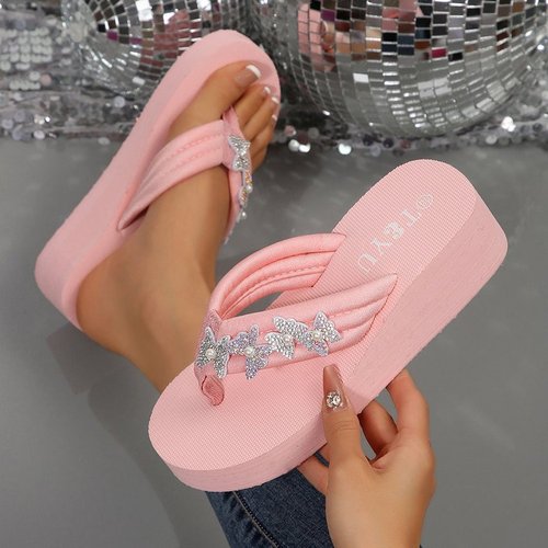 Stylish Platform Sandals with Buckle, Women's 2025 Summer High-Heeled Slip-On Beach Shoes with Water Diamond Design