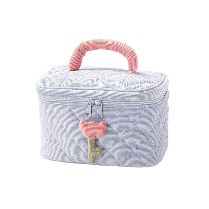 Cosmetic Bag Handheld Organizer, Quilted Fabric, 23×16×15.5 cm, Flower Applique