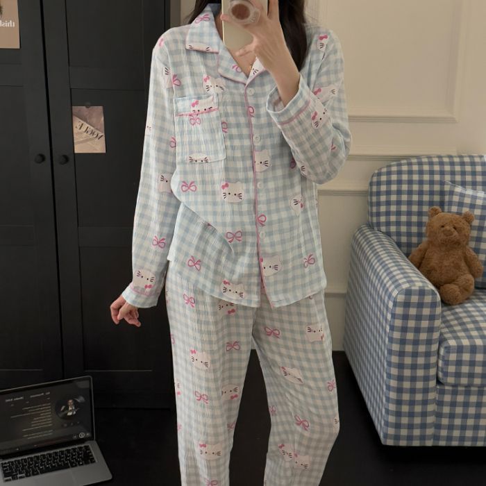 Al por mayor transfronterizo primavera y otoño nuevo pijama de mujer nubes de algodón pantalones de manga larga dulce dibujos animados se puede usar ropa de casa conjunto