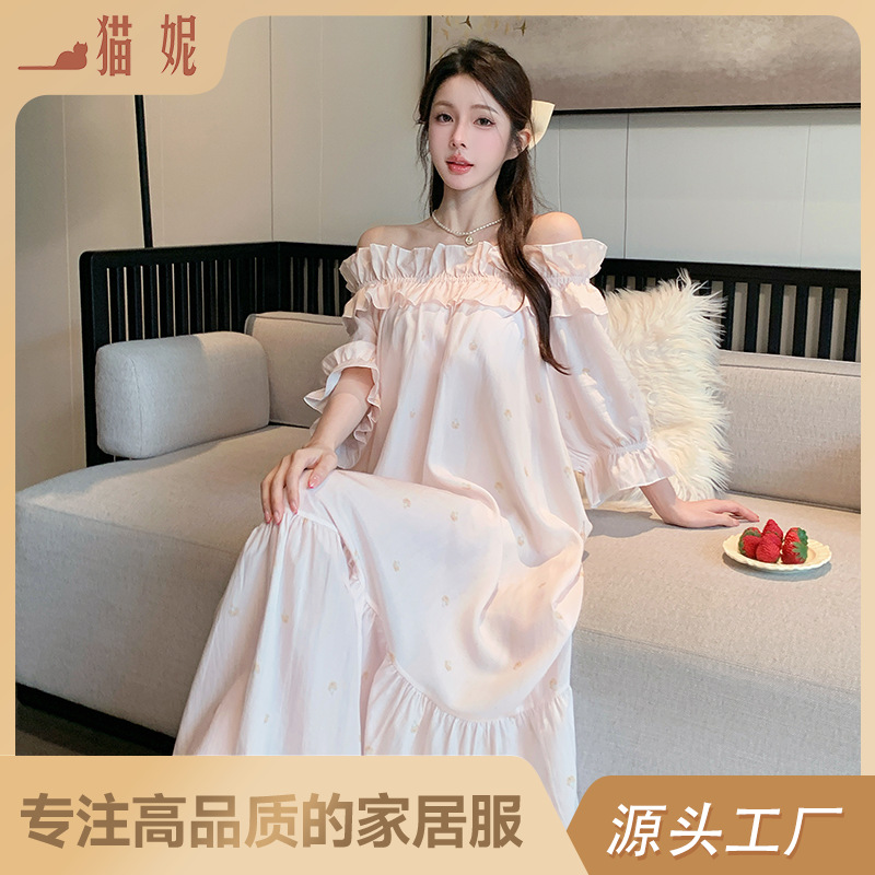 New Lyocell Women's Summer Spring and Autumn Nightgown with Breast Pads One-Shoulder High-End French Fairy Style Home Wear Pajamas