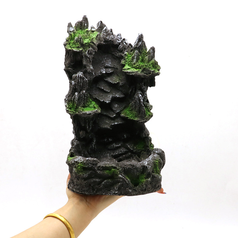 Decoración ecológica de pecera con cascada de arenas movedizas – paisaje de selva y feng shui en resina