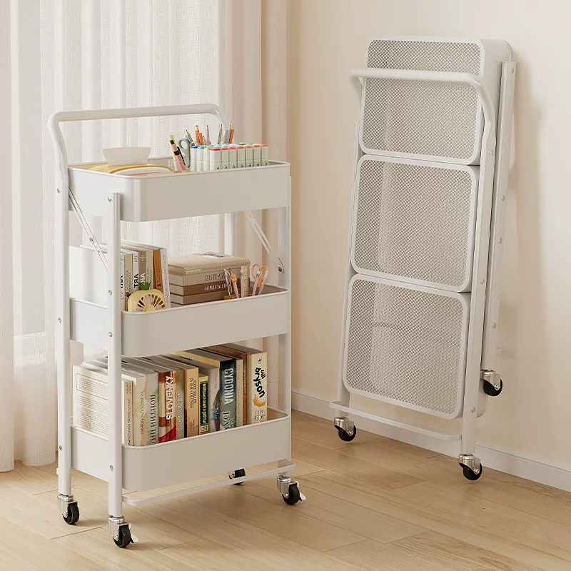 Folding Rolling Storage Trolley — Multi-Layer Standing Shelf, 3-Tier Foldable Compact