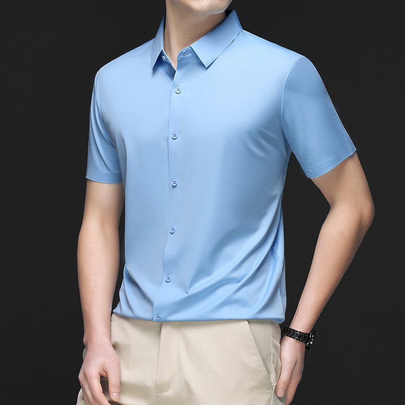 夏の新無地シームレス半袖シャツ弾性シルキー若者紳士服薄型スリム半袖シャツ男性用|undefined