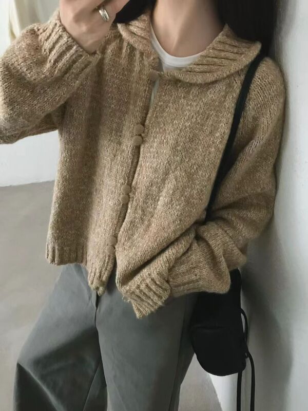 韩系简约风松弛感小翻领针织毛衣女秋冬新款慵懒百搭包扣开衫外搭|undefined