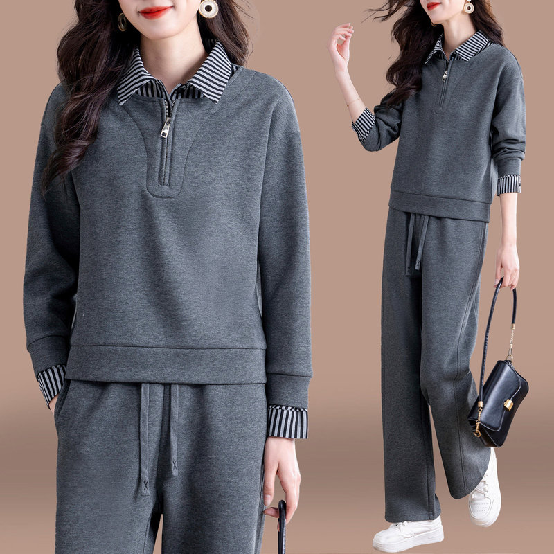 Fake Two-Piece Sweatshirt Set for Women, Spring and Autumn 2026 New Fashion Stylish Mom Spring Outfit Casual Sportswear Two-Piece Set