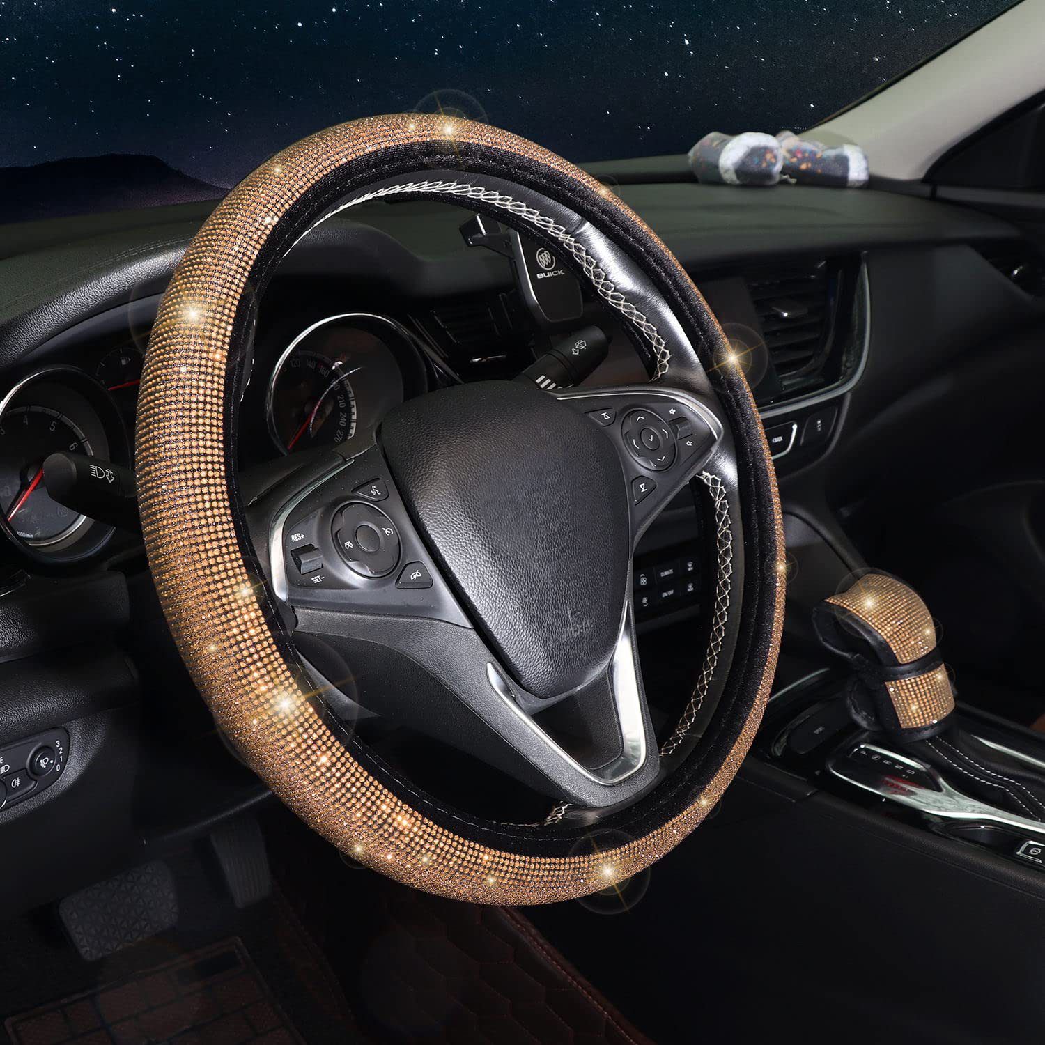 8-Piece Car Diamond-Encrusted Decorative Set: Steering Wheel Cover, Ignition Ring, Seat Belt Shoulder Pads, Cup Mat, Gear Shift Cover