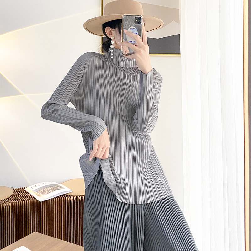 Miyake Texture, 최고의 여자 하이 엔드 하프 하이 칼라 올 매치 얇은베이스 티셔츠 긴팔 티셔츠 여성용