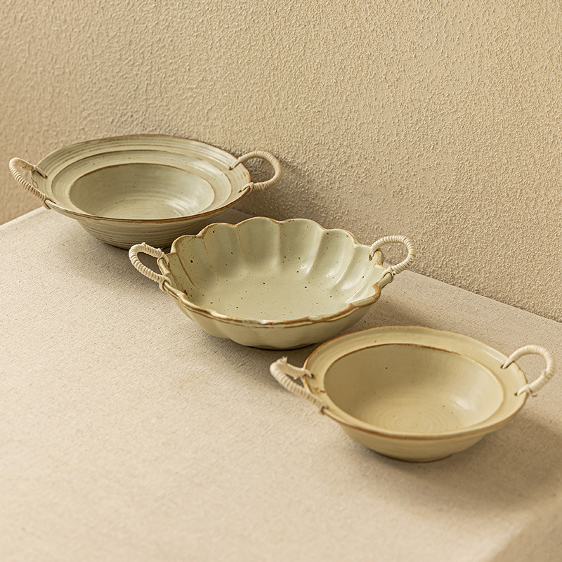 Antique Rope Bowl Double-Eared Bowl Retro Japanese Straw Hat Bowl Household Pasta Bowl Dish Bowl Tableware Large Bowl Stoneware