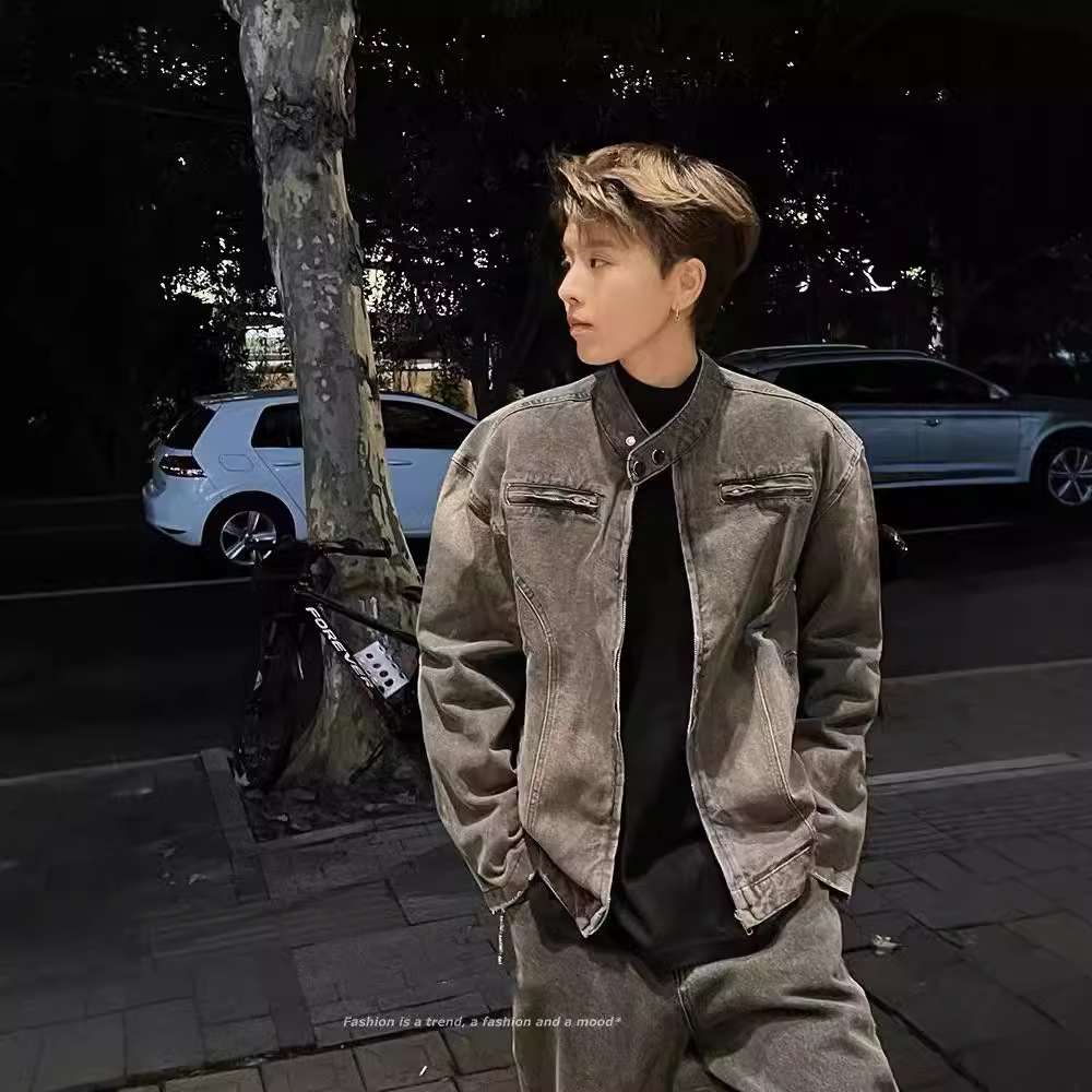 美式复古短款牛仔衣外套男秋季潮牌痞帅高级感机车夹克设计感上衣