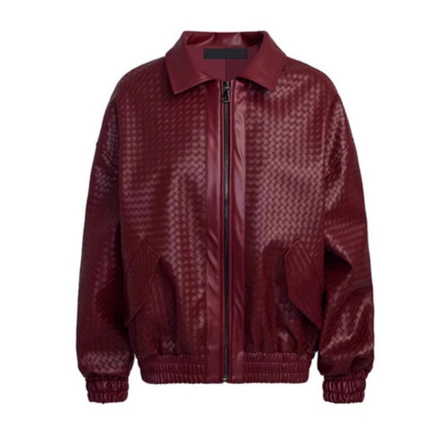 Hn5152 Genuine Leather Jacket Goatskin Woven Lapel Zipper Street Retro Bomber Jacket Loose Outwear for Women