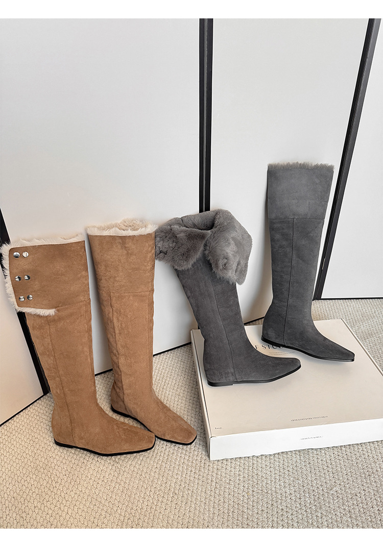 Boot tuyết nữ cổ cao ôm chân, lót lông dày, gót wedge nâng chiều cao, hai kiểu mang — màu xám chi tiết 29