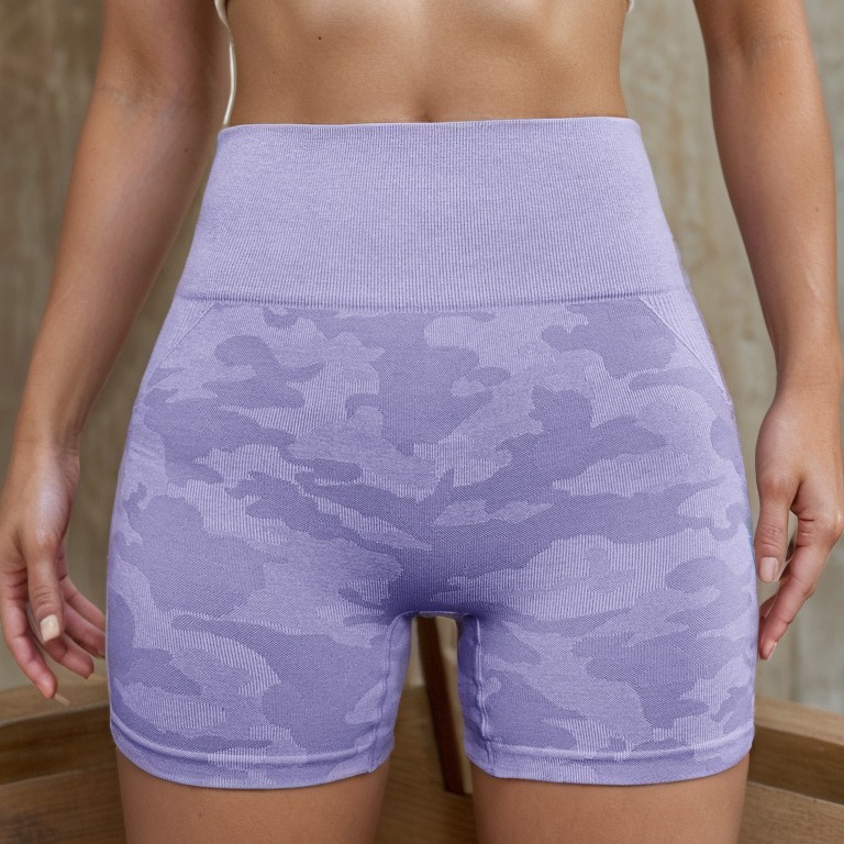 2025 nuevos pantalones cortos de yoga de camuflaje de Amazon europeos y estadounidenses sin costuras, pantalones de gimnasio de alta cadera de gran tamaño