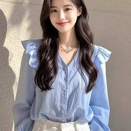 今年流行的漂亮小衫轻奢高级感法式小众绝美蓝色长袖衬衫女早秋款