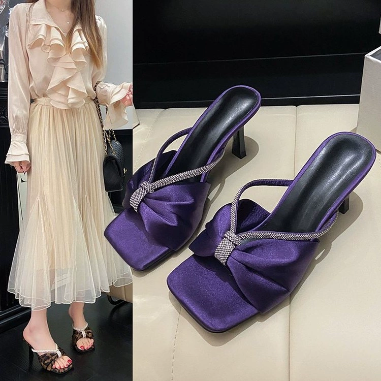 Женские босоножки из фиолетового атласа с камнями, весна-лето 2025, новая модель, бантик, на высоком каблуке, открытый носок, летние шлепанцы