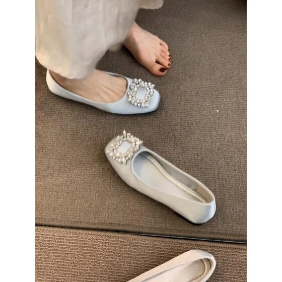 Satin Rhinestone Square Buckle Mary Jane Spring and Autumn Square Nipple Shoes Women's Flat Pea Shoes