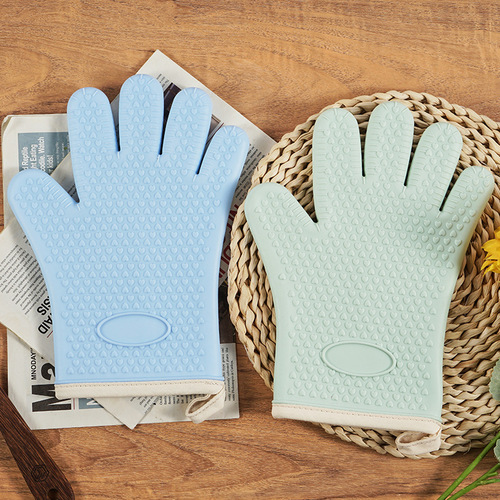 Cotton-lined and thickened microwave baking silicone heat-resistant gloves, oven heat-resistant high-temperature resistant five-finger kitchen insulating gloves