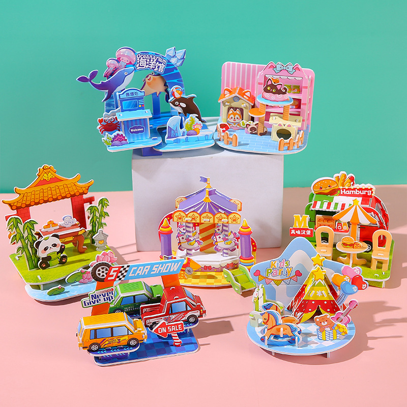 Tarjeta de rompecabezas de casa pequeña tridimensional 3D para niños de 6 a 10 años de edad, papel de bricolaje, dibujo ensamblado a mano, rompecabezas de educación temprana al por mayor