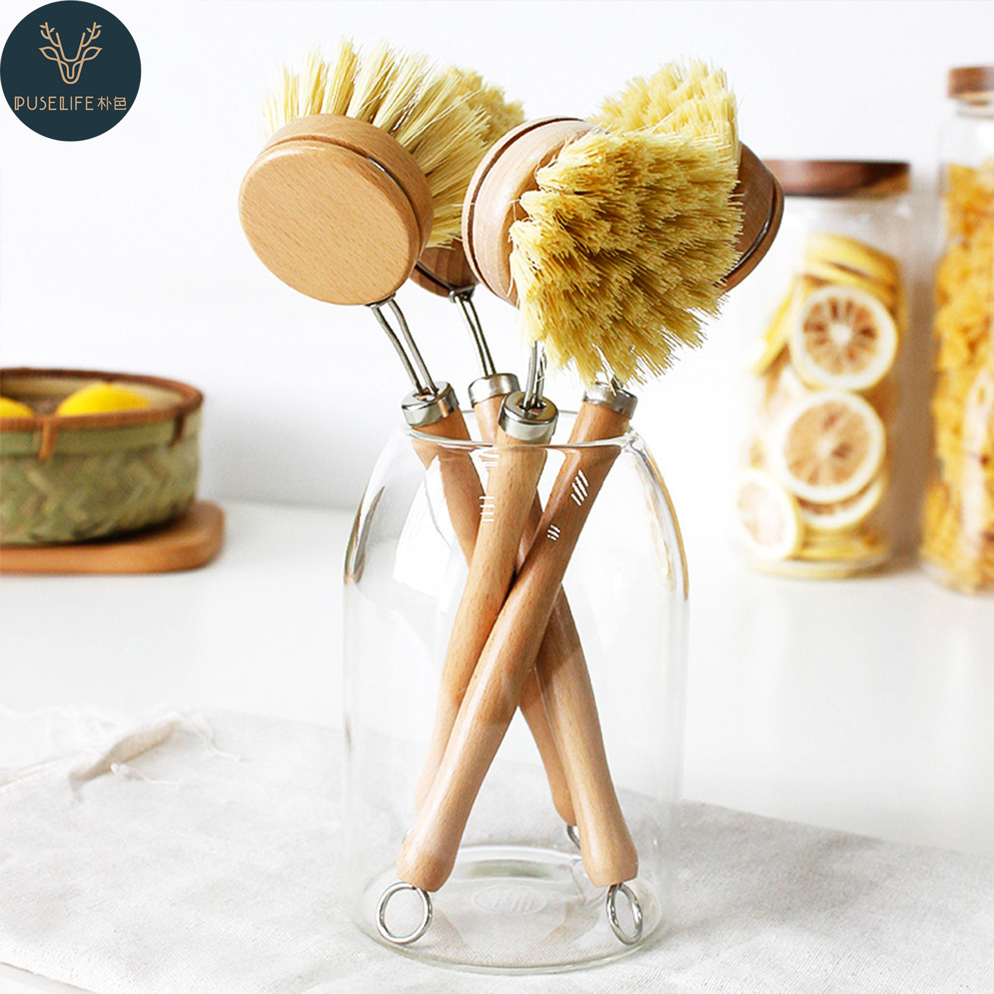 Kitchen Household Beech Sisal Pot Brush Long Handle Brush Dish Brush Plate Brush Wooden Handle Cleaning Brush Replaceable Brush Head