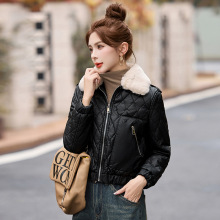 格纹冬季加绒款皮毛一体毛领皮衣保暖绵羊皮短款外套品牌专柜女装