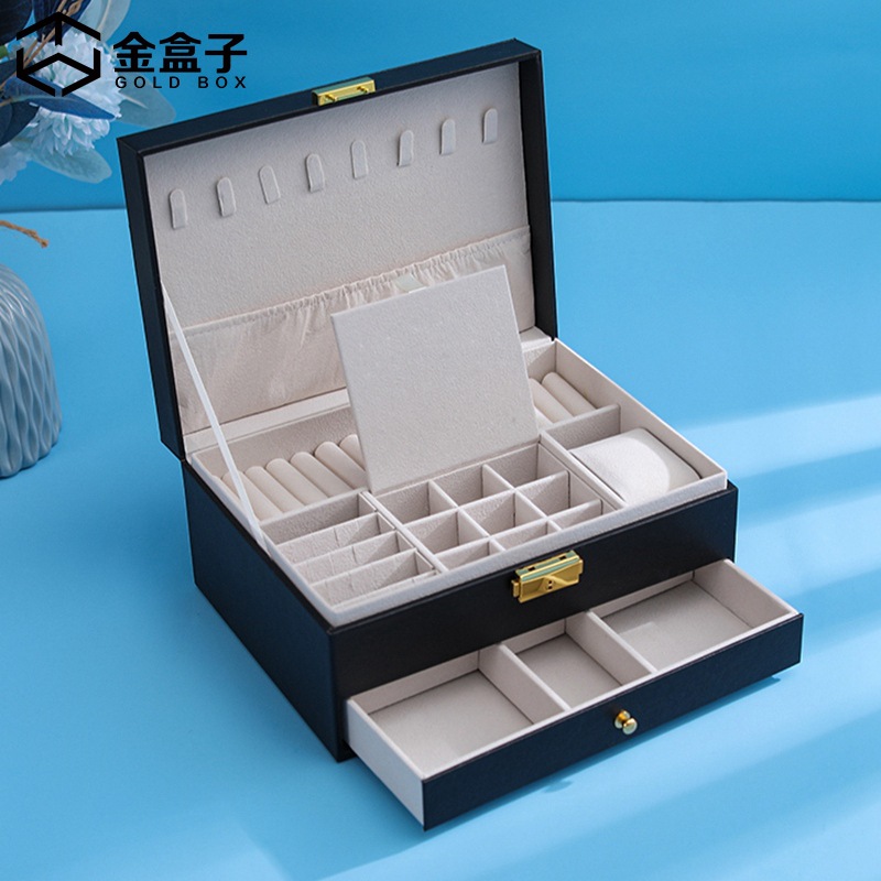 新款直销菱格纹双层首饰盒方扣收纳盒丝带翻盖隔层分类化妆