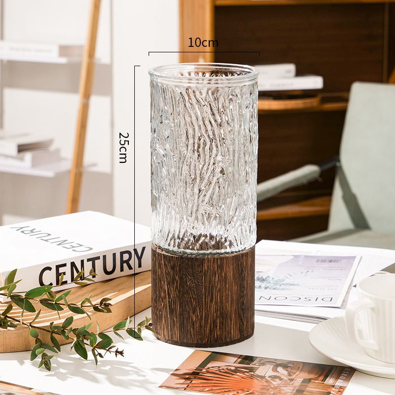 Jarrón de vidrio, soporte de madera chino, jarrón recto, arreglo floral en la sala de estar, decoración, lujo ligero, sentido avanzado, hidropónico de vidrio