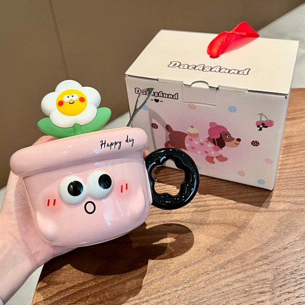 Expression flower cup - pink (cup + lid + steel spoon + portable gift box)