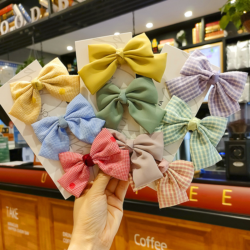 新款蝴蝶结发夹子格子纯色头饰简约韩国ins气质网红少女顶夹