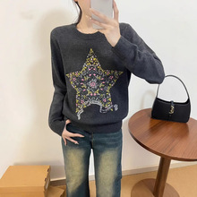 正确版植物花卉五角星刺绣针织衫女24年秋冬新款时髦百搭毛衣女