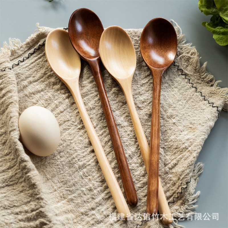 Food-Grade Japanese-Style Long-Handled Wooden Spoon for Home Use, Does Not Damage Pots, Integrated Spoon, Eating Spoon, Solid Wood Kitchen Utensils with Engraving