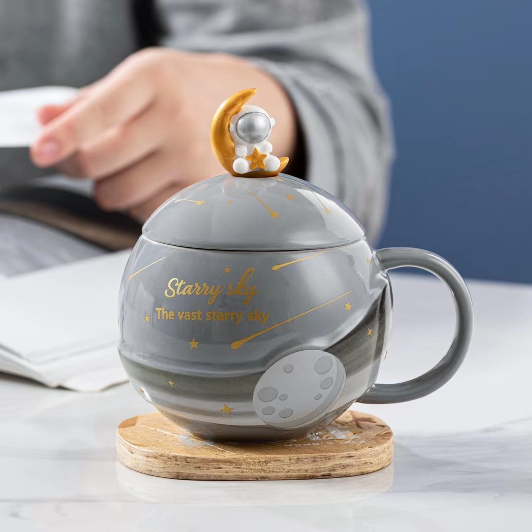 Estilo nórdico creativo taza con tapa cuchara astronauta regalo personalidad Oficina Taza de cerámica