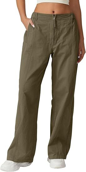Pantalones anchos con cremallera frontal para mujer explosiva de Amazon transfronteriza, monos casuales de cintura alta, pantalones anchos con bolsillos de algodón