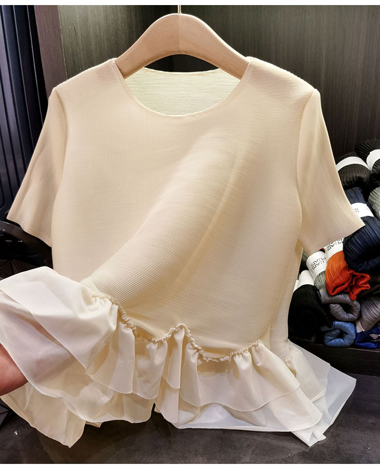 Áo thun nữ tay ngắn xếp ly viền bèo cổ tròn trơn màu — Màu đen, Màu xanh lục nhạt, Màu hồng, Màu xám chi tiết 10