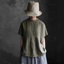 夏季新款 亚麻风琴捏褶短袖衬衫女宽松休闲气质衬衣特价