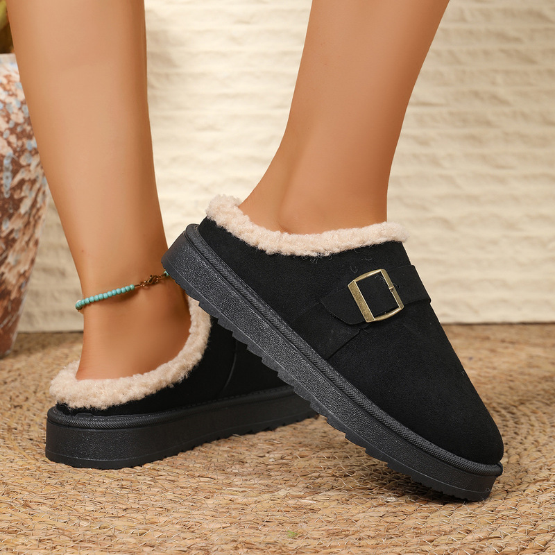 Foreign trade autumn and winter fashion retro slippers for outdoor wear, cotton half-slippers, warm and comfortable with buckle, women's cotton shoes, snow boots wholesale Foreign trade autumn and winter fashion retro slippers for outdoor wear, cotton half-slippers, warm and comfortable with buckle, women's cotton shoes, snow boots wholesale