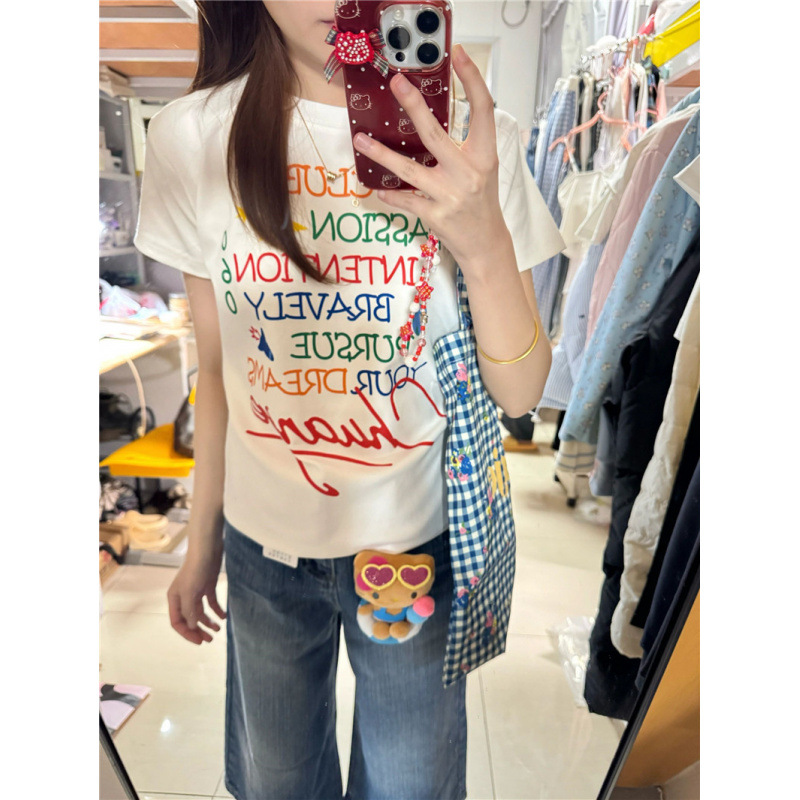 纯棉五颜六色字母印花正肩圆领短袖T恤女夏季新款休闲百搭上衣ins