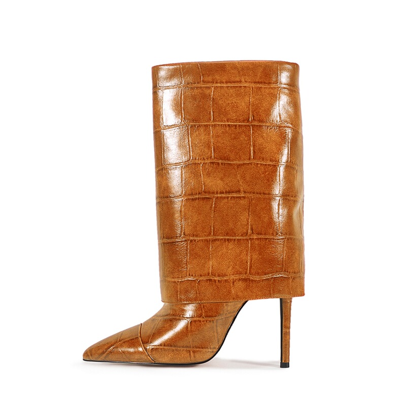 European and American Foreign Trade Stone-Patterned Skirt-Trimmed Bootshoes, Size 47, Thin High Heels, Pointed Toe Fashion Boots, Slip-On Mid-Calf Boots European and American Foreign Trade Stone-Patterned Skirt-Trimmed Bootshoes, Size 47, Thin High Heels, Pointed Toe Fashion Boots, Slip-On Mid-Calf Boots