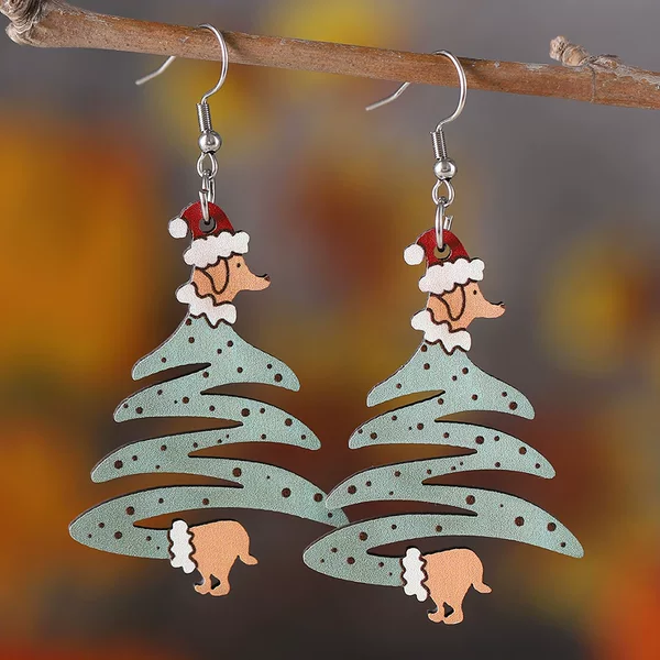 Cross-border New Christmas Dog Christmas Tree Pendant Earrings Acrylic Double-sided Earrings Dog Lover Gift