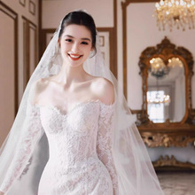 法式一字肩长袖蕾丝鱼尾轻婚纱2025新款新娘小个子轻奢旅拍出门纱