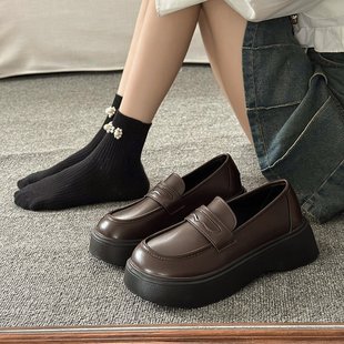 Women's thick-soled loafers 2023 new autumn muffin all-match British style leather shoes slip-on shoes
