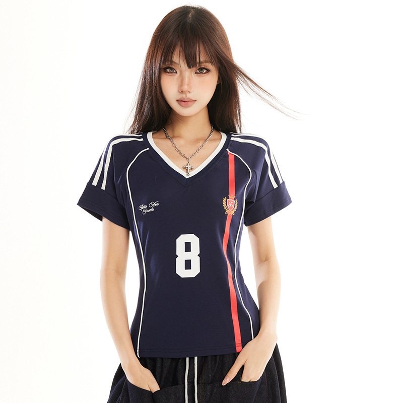 Yechuan # American Retro Jersey Short-Sleeved T-Shirt for Women, Jersey Style Trendy Brand Striped V-Neck Sports Top for Hot Girls