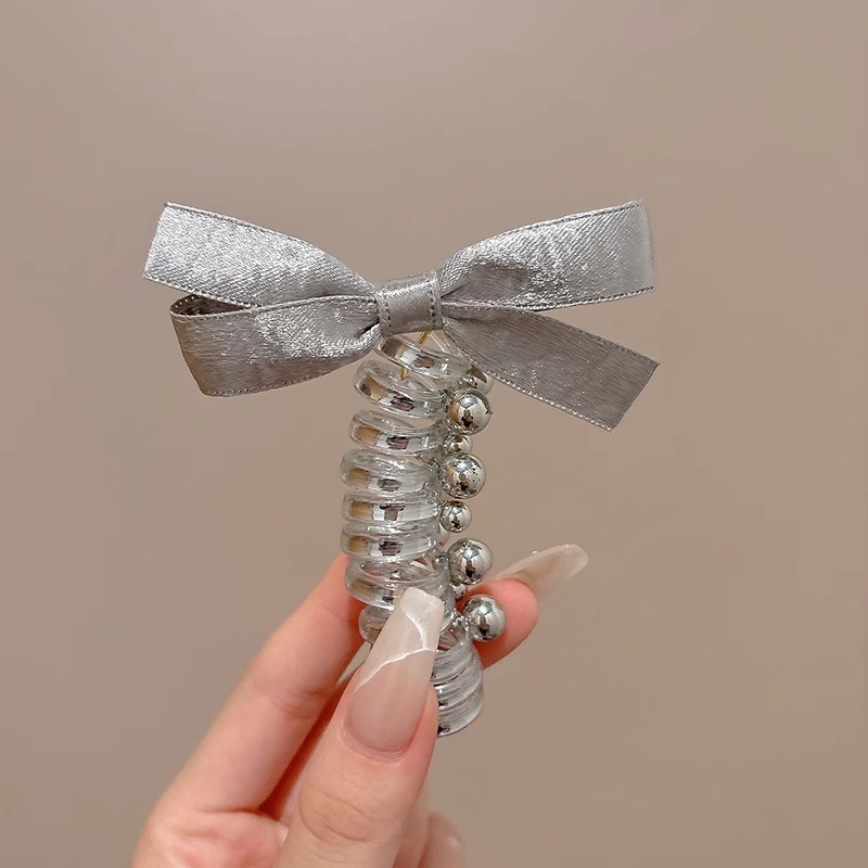 2025 nueva plata brillante cinza plateada cinta de tejido arco perlas línea telefónica anillo de cabello de mujer burbuja trenza cabello de cabello